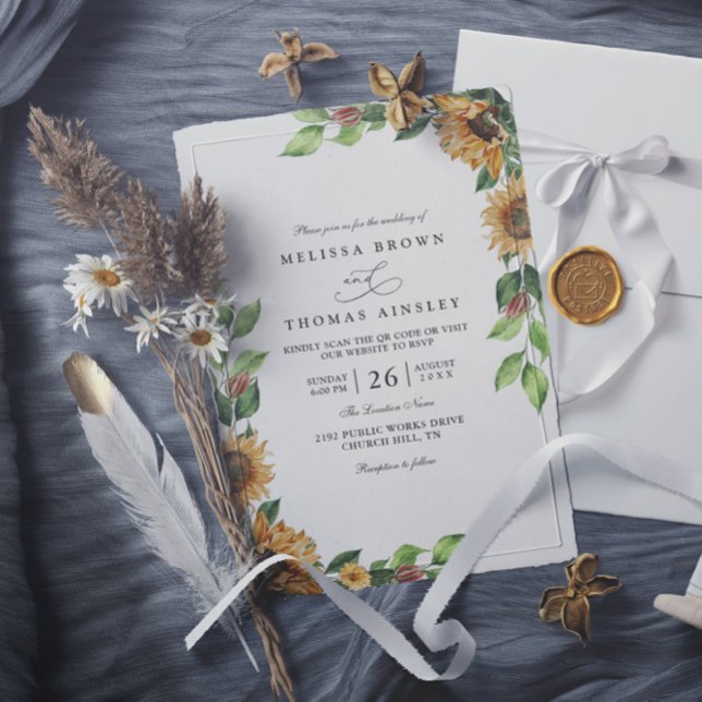 Invitation Mariage Code QR Élégant Rustique Tournesol Boho (Créateur téléchargé)