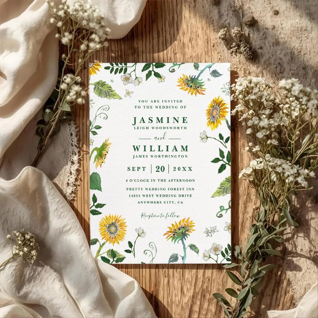 Invitation Mariage Code QR Élégant Rustique Tournesols Verdur (Créateur téléchargé)