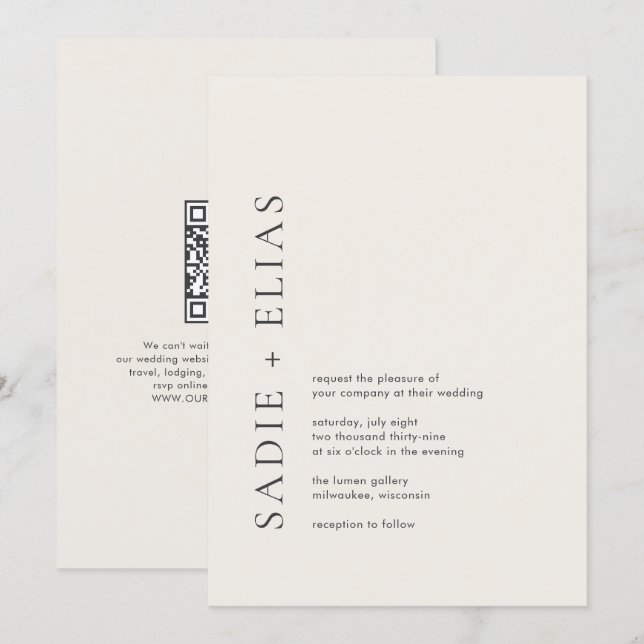 Invitation Mariage Code QR Élégant Typographie Moderne Beige (Devant / Derrière)