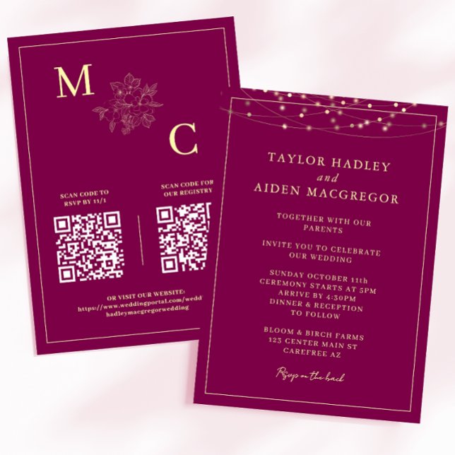 Invitation Mariage Code QR Élégant Vin Rouge (Créateur téléchargé)