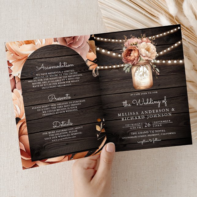 Invitation Mariage Code QR en Bois Pot Mason Floral en Terrac (Créateur téléchargé)