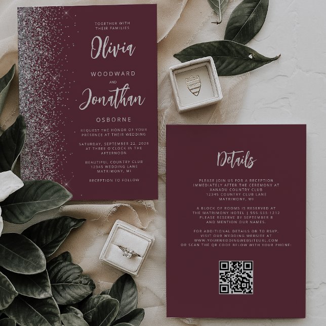 Invitation Mariage Code QR en écriture Burgundy Silver Glitte (Créateur téléchargé)
