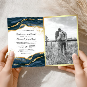 Invitation Mariage Code QR Encre Abstraite Bleu Nuit Or