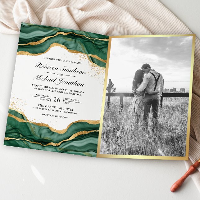 Invitation Mariage Code QR Encre Abstraite Or Vert Émeraude (Créateur téléchargé)