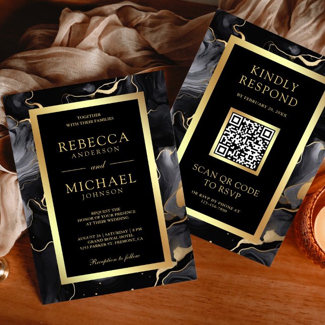 Invitation Mariage Code QR Encre Fluide Or Noir (Créateur téléchargé)