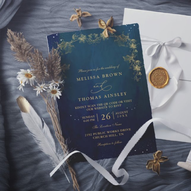 Invitation Mariage Code QR Envoûtant Bleu Marine et Vert (Créateur téléchargé)