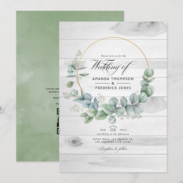 Invitation Mariage Code QR Eucalyptus Campagnard de Grange Ru (Devant / Derrière)