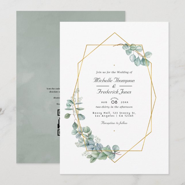 Invitation Mariage Code QR Eucalyptus Géométrique Silver Sage (Devant / Derrière)