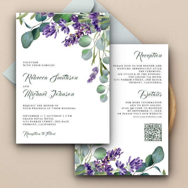 Invitation Mariage Code QR Eucalyptus Lavande Rustique (Créateur téléchargé)