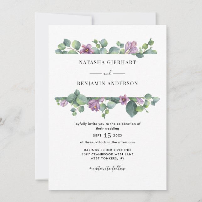 Invitation Mariage code QR Eucalyptus Verdure Violette (Devant)