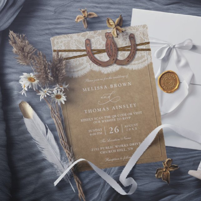 Invitation Mariage Code QR Fer à Cheval Rustique sur Kraft et (Créateur téléchargé)