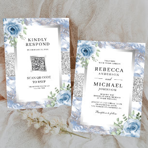 Invitation Mariage Code QR Fleur Bleue Poussière Argentée Mar