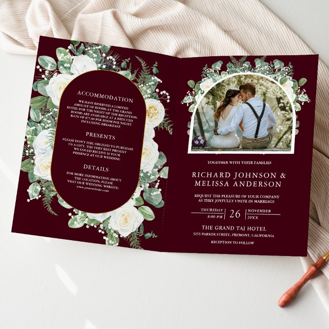 Invitation Mariage Code QR Fleur Florale Ivoire Bourgogne (Créateur téléchargé)