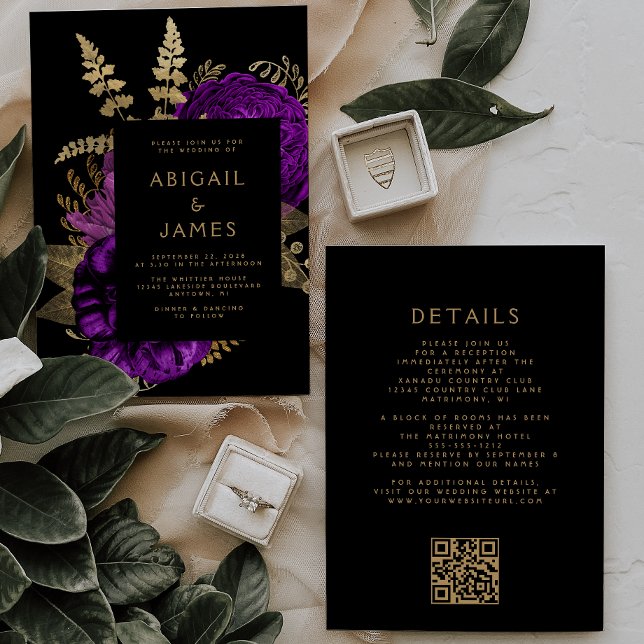 Invitation Mariage Code QR Fleur foncé Or Violet Humeur (Créateur téléchargé)