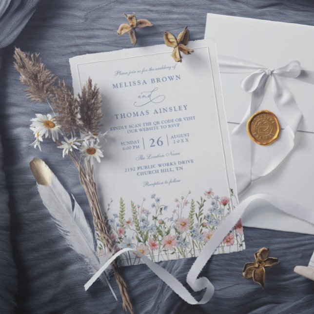Invitation Mariage Code QR Fleur Sauvage Rose Pâle Bleu Pouss (Créateur téléchargé)