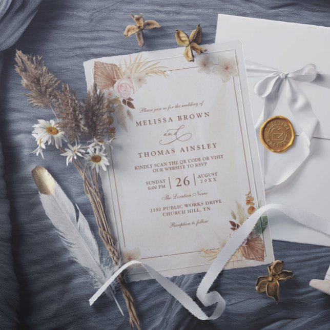 Invitation Mariage Code QR Fleurs Bohème Aquarelle Beige (Créateur téléchargé)