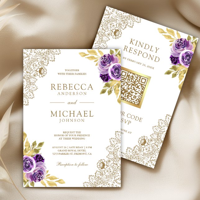Invitation Mariage Code QR Fleurs Dentelle Violet Poussiéreux (Créateur téléchargé)