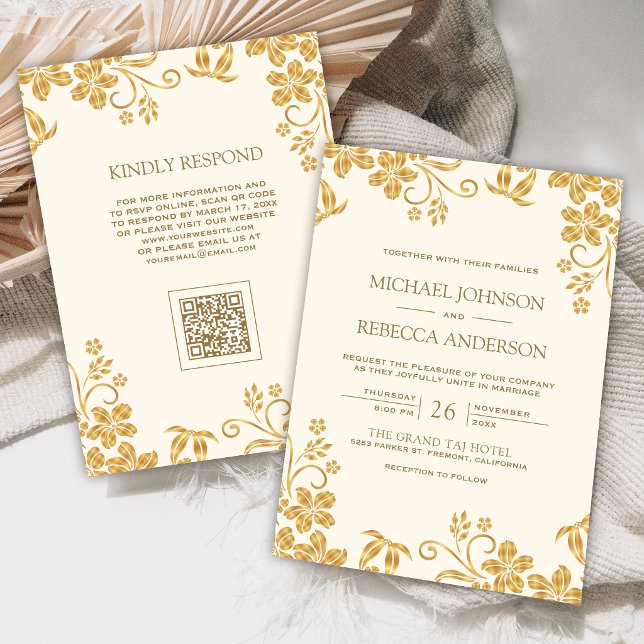 Invitation Mariage Code QR Fleurs Feuilles Crème Ivoire Or (Créateur téléchargé)
