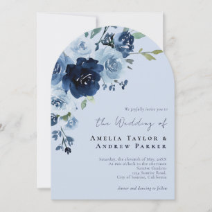 Invitation Mariage Code QR Fleurs Rose Bleu Poussiéreux Navy