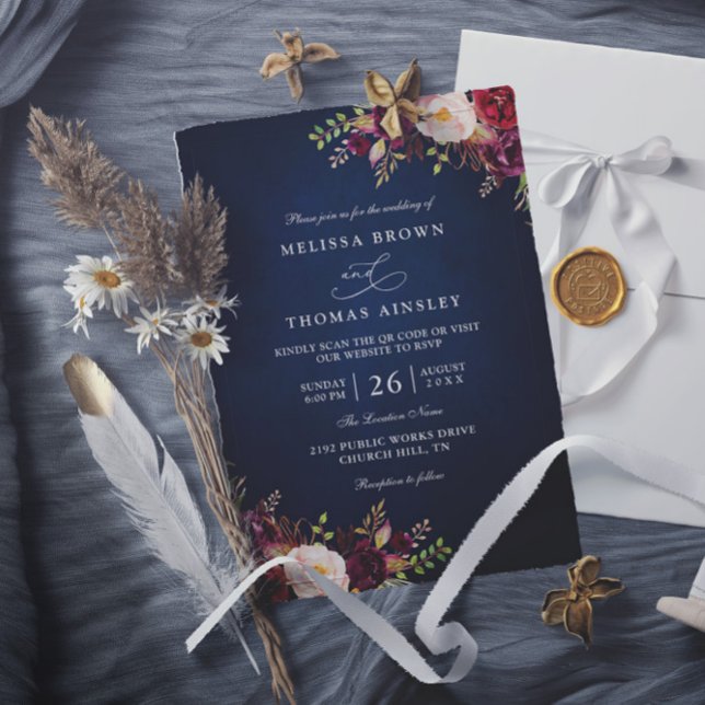 Invitation Mariage Code QR Fleurs Rouge Bourgogne Bleu Marine (Créateur téléchargé)