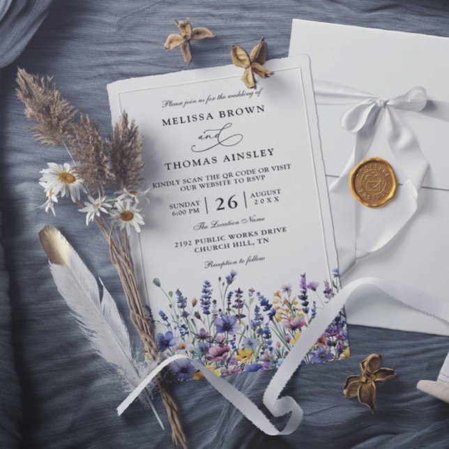 Invitation Mariage Code QR Fleurs Sauvages Élégant Moderne Bu (Créateur téléchargé)