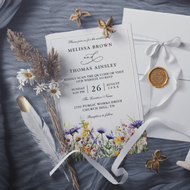 Invitation Mariage Code QR Fleurs Sauvages Élégant Moderne Bu (Créateur téléchargé)