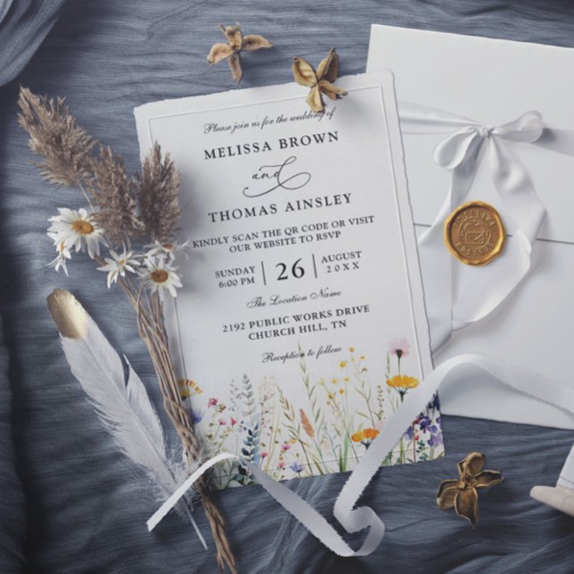 Invitation Mariage Code QR Fleurs Sauvages Élégant Moderne Bu (Créateur téléchargé)