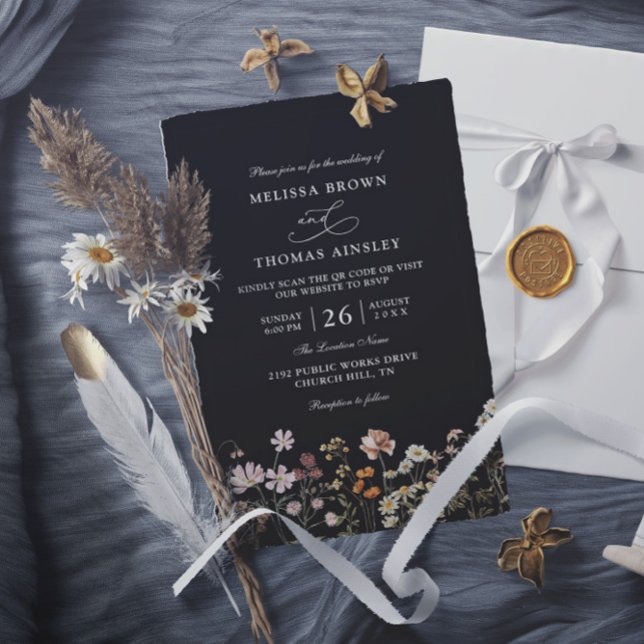 Invitation Mariage Code QR Fleurs Sauvages Élégant Moderne Bu (Créateur téléchargé)