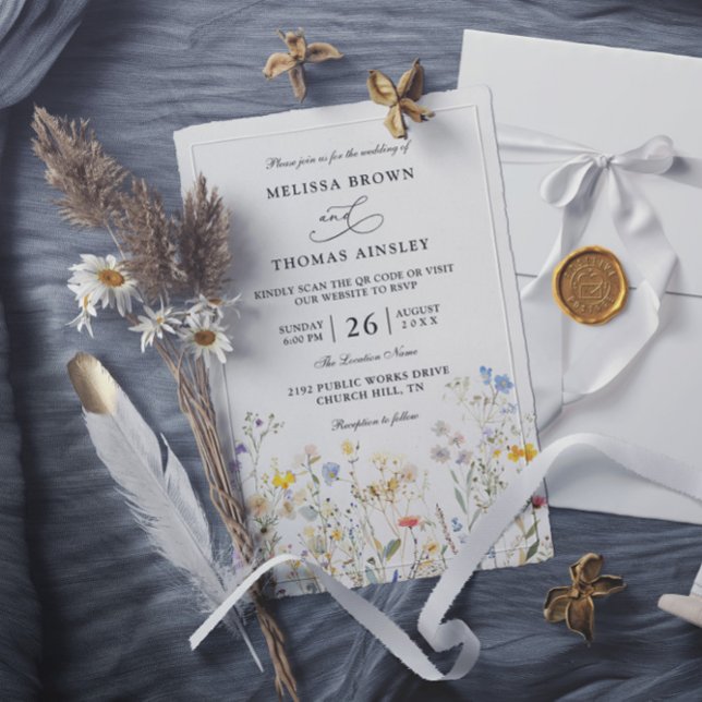 Invitation Mariage Code QR Fleurs Sauvages Élégant Moderne Bu (Créateur téléchargé)