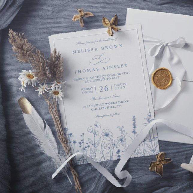 Invitation Mariage Code QR Fleurs Sauvages Pervenche Minimali (Créateur téléchargé)
