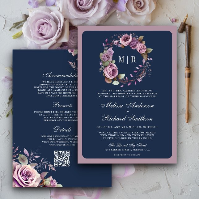 Invitation Mariage Code QR Fleurs Violet Poussiéreux Rustique (Créateur téléchargé)