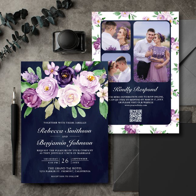 Invitation Mariage Code QR Fleurs Violettes Rustiques Bleu Nu (Créateur téléchargé)