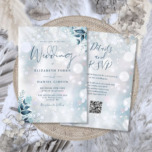 Invitation Mariage Code QR Flocons de Neige Floraux d'Hiver