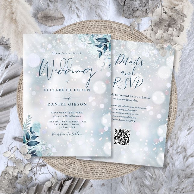 Invitation Mariage Code QR Flocons de Neige Floraux d'Hiver (Winter Floral Snowflakes QR Code Wedding Invitation)