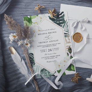 Invitation mariage code qr floral à feuilles de palmier tropi