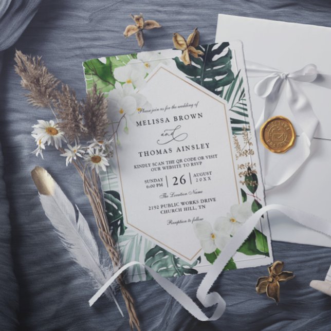 Invitation mariage code qr floral à feuilles de palmier tropi (Créateur téléchargé)
