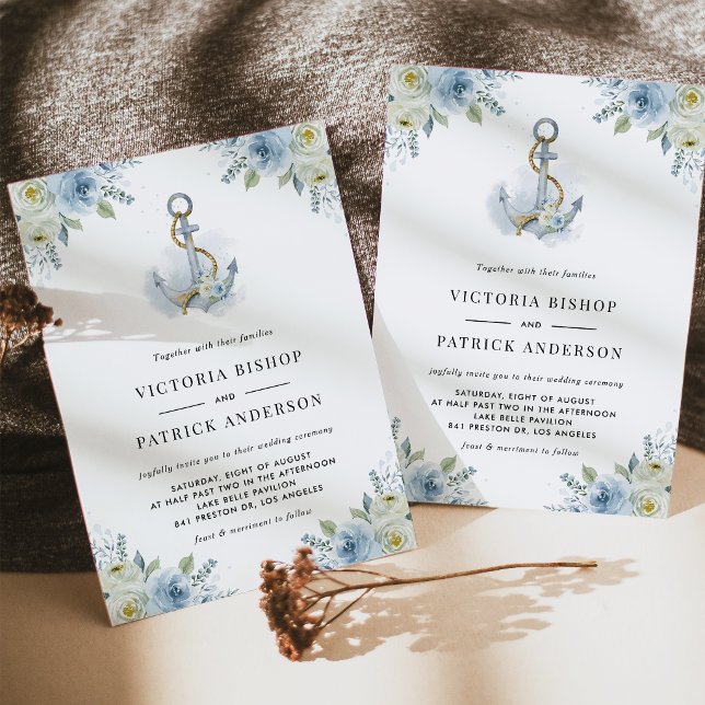Invitation Mariage Code QR Floral Ancre Aquarelle Nautical (Coastal QR code wedding invitation featuring watercolor floral anchor with blue and white flowers.)