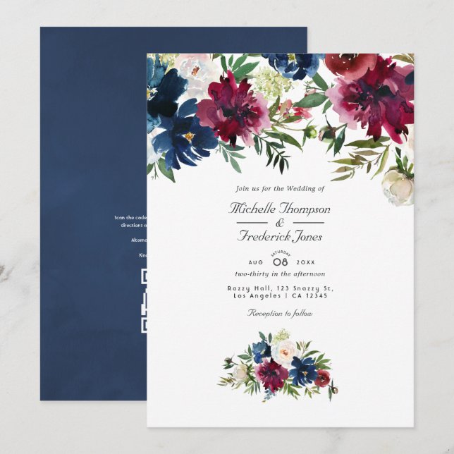 Invitation Mariage Code QR Floral Aquarelle Bordo et Nuit (Devant / Derrière)