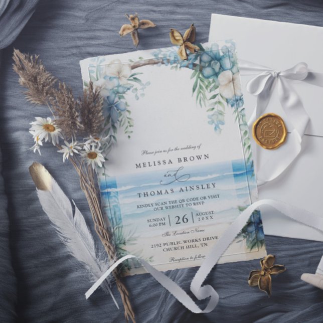 Invitation Mariage code QR floral aquarelle plage bohème (Créateur téléchargé)