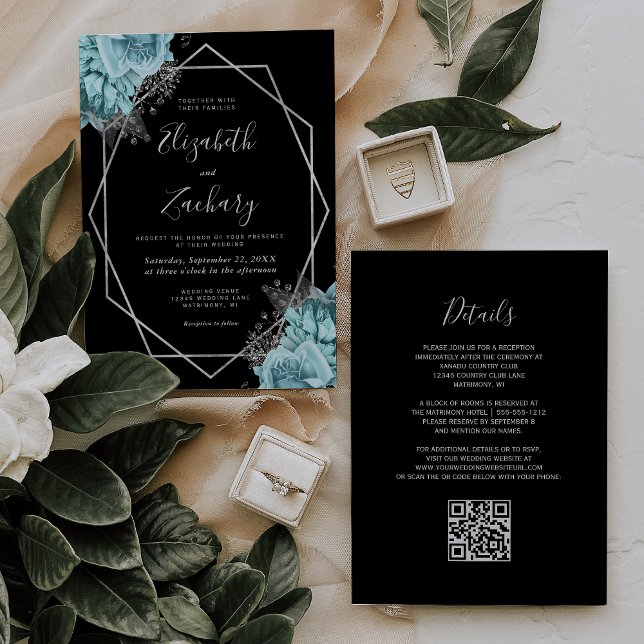 Invitation Mariage Code QR Floral Argent Aqua Noir (Créateur téléchargé)