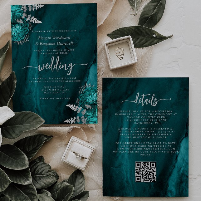 Invitation Mariage Code QR Floral Argent Bleu Canard Élégant (Créateur téléchargé)