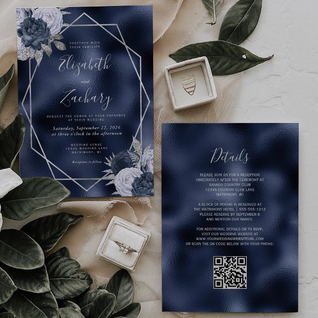 Invitation Mariage Code QR Floral Argent Bleu Poussiéreux Nav (Créateur téléchargé)