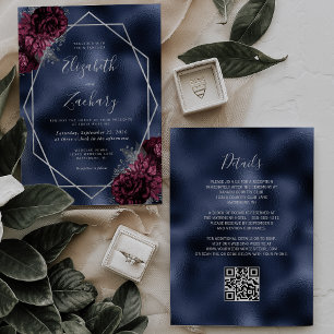 Invitation Mariage Code QR Floral Argent Bordeaux Bleu Marine