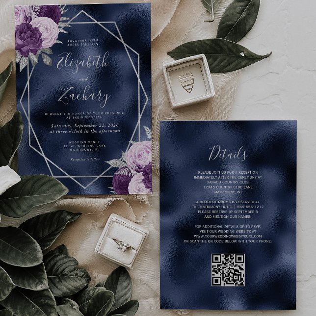 Invitation Mariage Code QR Floral Argent Lilac Navy (Créateur téléchargé)