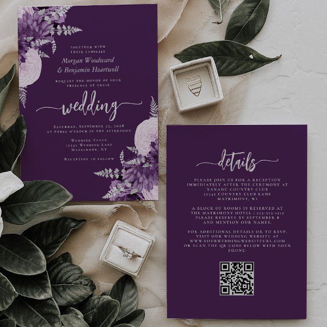 Invitation Mariage Code QR Floral Argent Lilas Pourpre (Créateur téléchargé)
