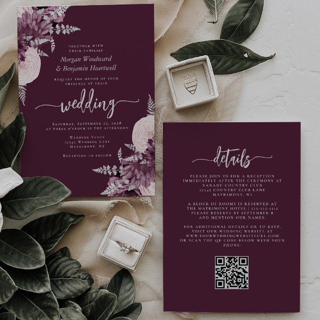 Invitation Mariage Code QR Floral Argent Mauve (Créateur téléchargé)