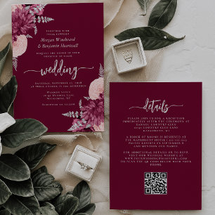 Invitation Mariage Code QR Floral Argent Rouge Bourgogne