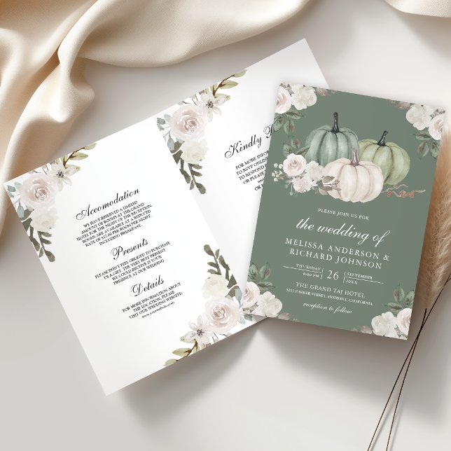 Invitation Mariage Code QR Floral Blanc Citrouille Vert Sauge (Créateur téléchargé)