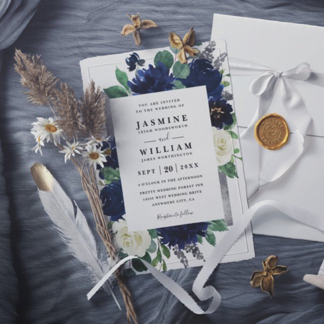Invitation Mariage Code QR Floral Bleu Marine et Argent (Créateur téléchargé)