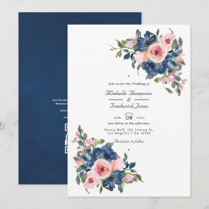 Invitation Mariage Code QR Floral Bleu Marine et Blush Aquare
